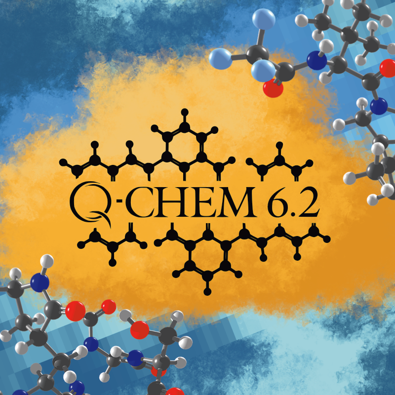 Q-Chem 6.2 logo over abstract molecules and clouds