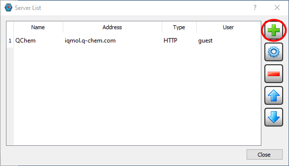 IQmol server list, with the green plus symbol circled on the right