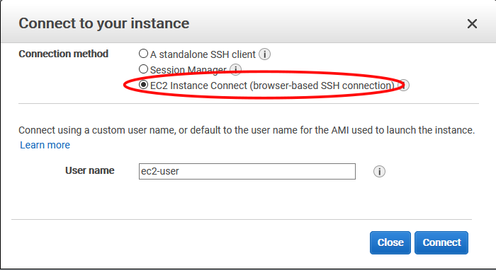 The Connect To Your Instance page with EC2 Instance Connect circled and selected