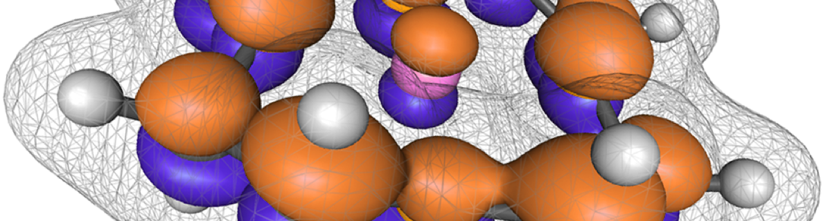 Molecule with molecular orbitals in orange and blue