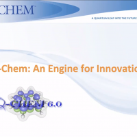 Orange text reading "Q-Chem: An Engine for Innovation" beside a molecule with molecular orbitals
